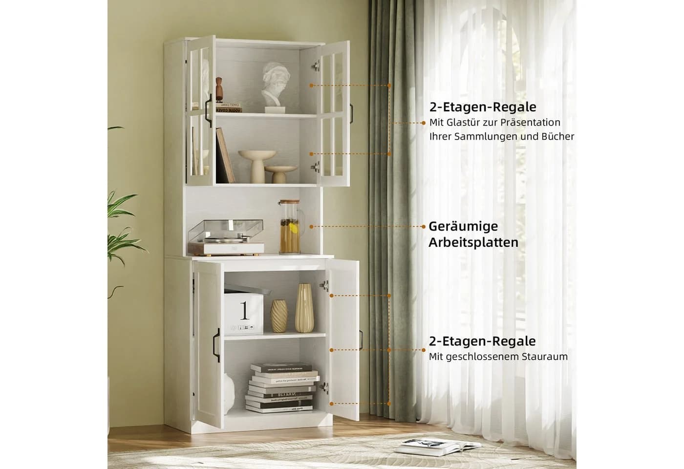 VOWNER Bücherregal mit Glastüren & Arbeitsplatte – 5 Ebenen Hochschrank Weiß - Bild 4