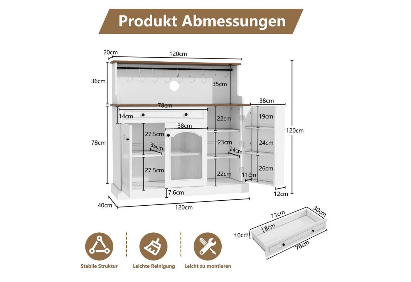 HOLTICO Sideboard Küchenschrank Weiß mit Arbeitsplatte