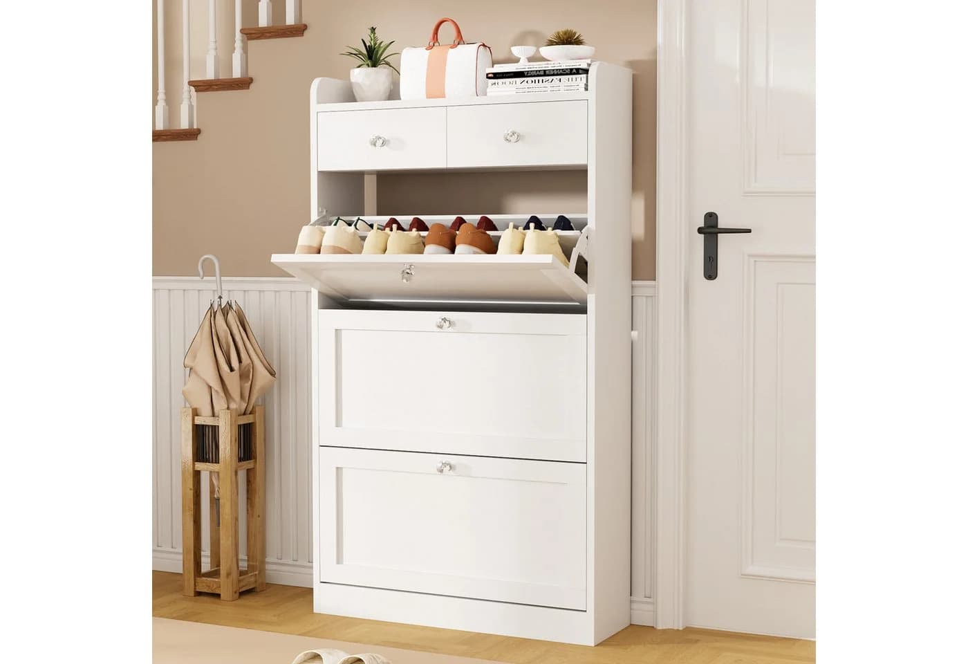 VOWNER Schuhschrank mit 3 Klappen und 2 Schubladen Weiß - Bild 2