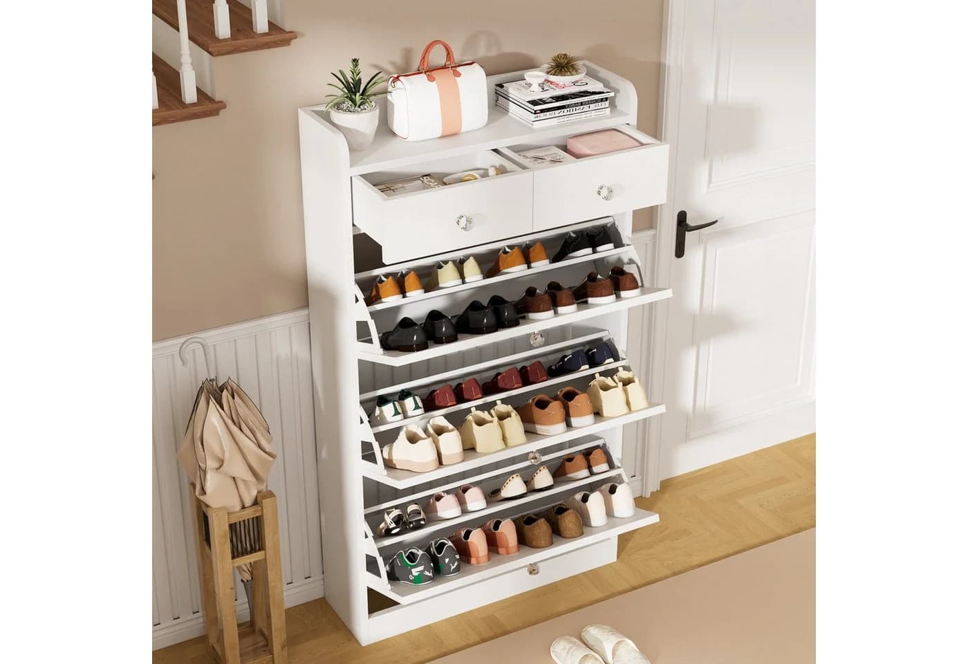 VOWNER Schuhschrank mit 3 Klappen und 2 Schubladen Weiß - Bild 4
