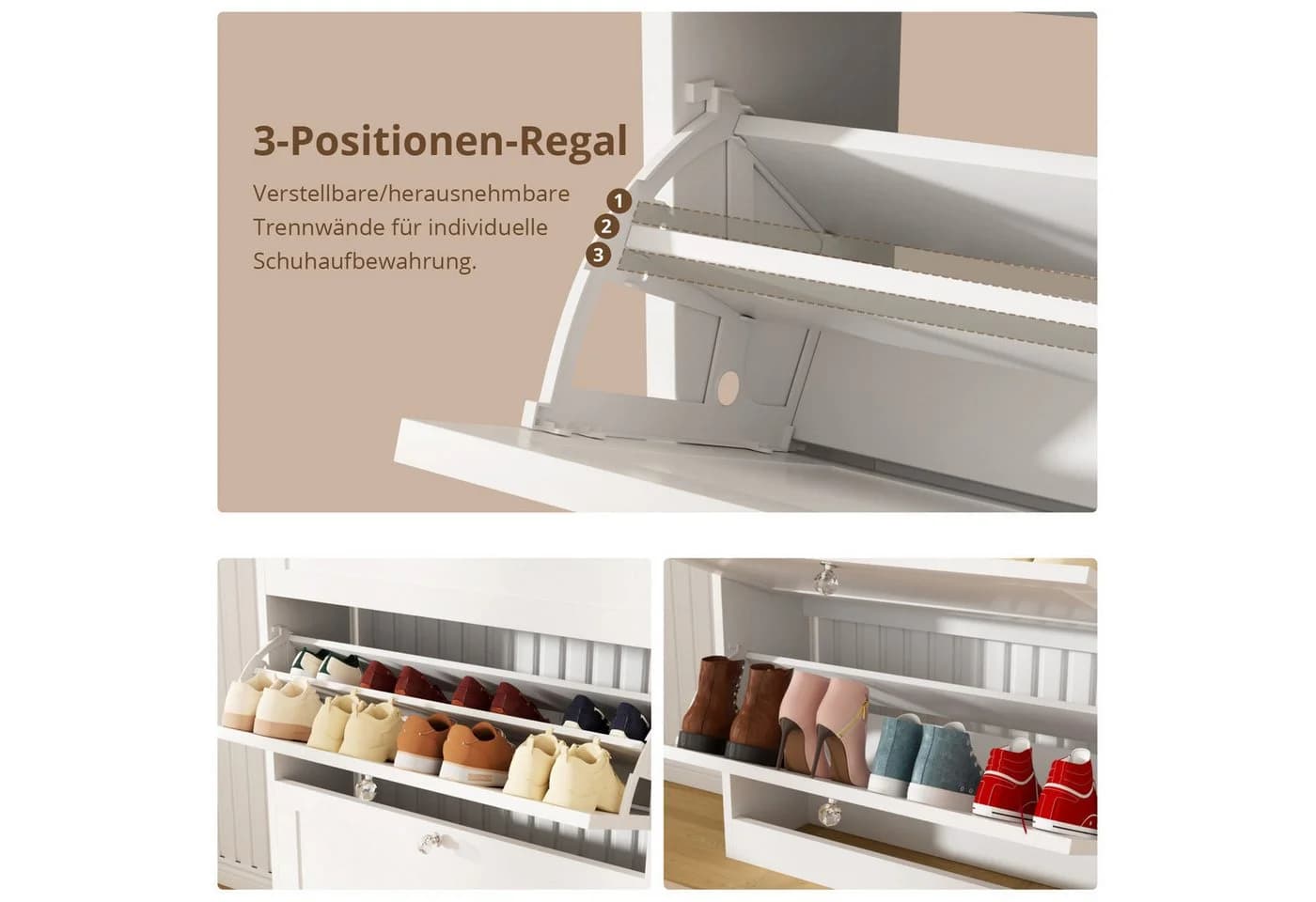 VOWNER Schuhschrank mit 3 Klappen und 2 Schubladen Weiß - Bild 5