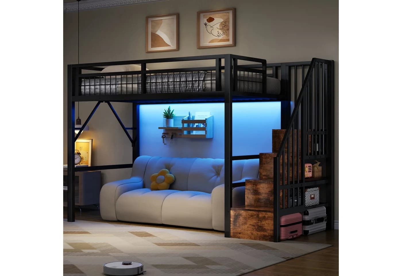 Ulife Hochbett Eisenrahmen mit LED-Lichtleiste & Stauraum Treppen - Bild 3
