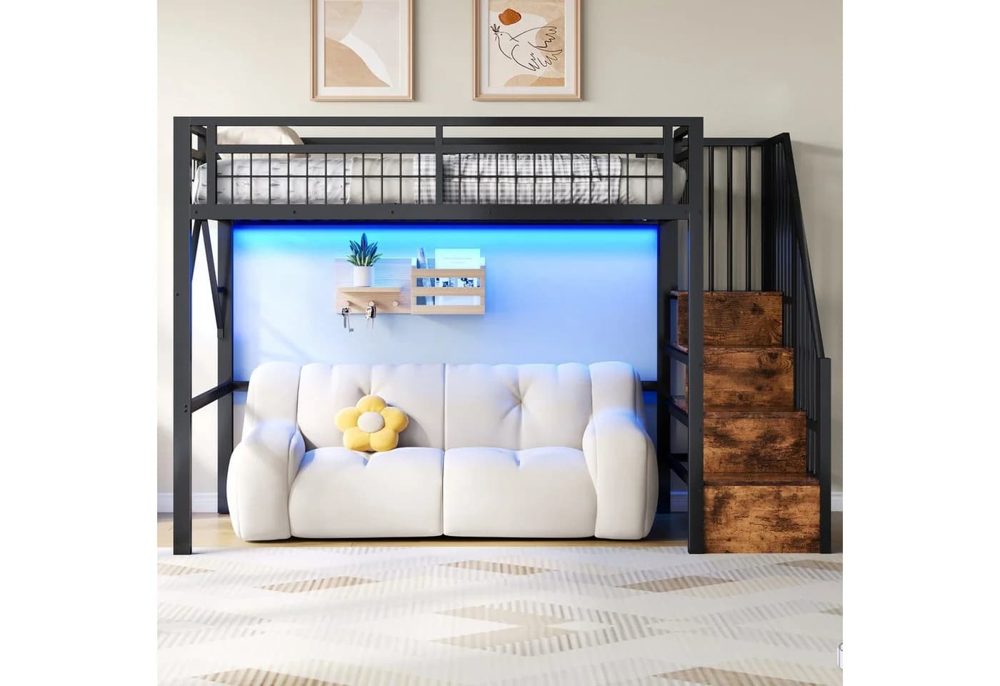Ulife Hochbett Eisenrahmen mit LED-Lichtleiste & Stauraum Treppen - Bild 4