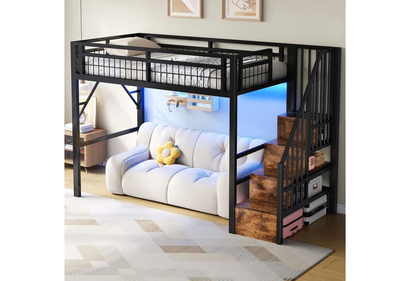 Ulife Hochbett Eisenrahmen mit LED-Lichtleiste & Stauraum Treppen - Bild 5