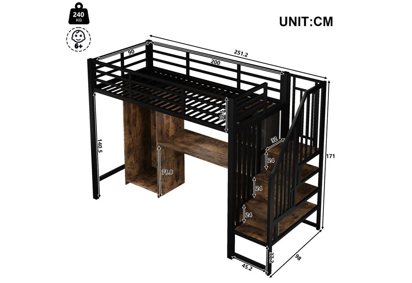 Ulife Hochbett 90x200 cm mit Stauraum, Kleiderschrank & Schreibtisch Schwarz