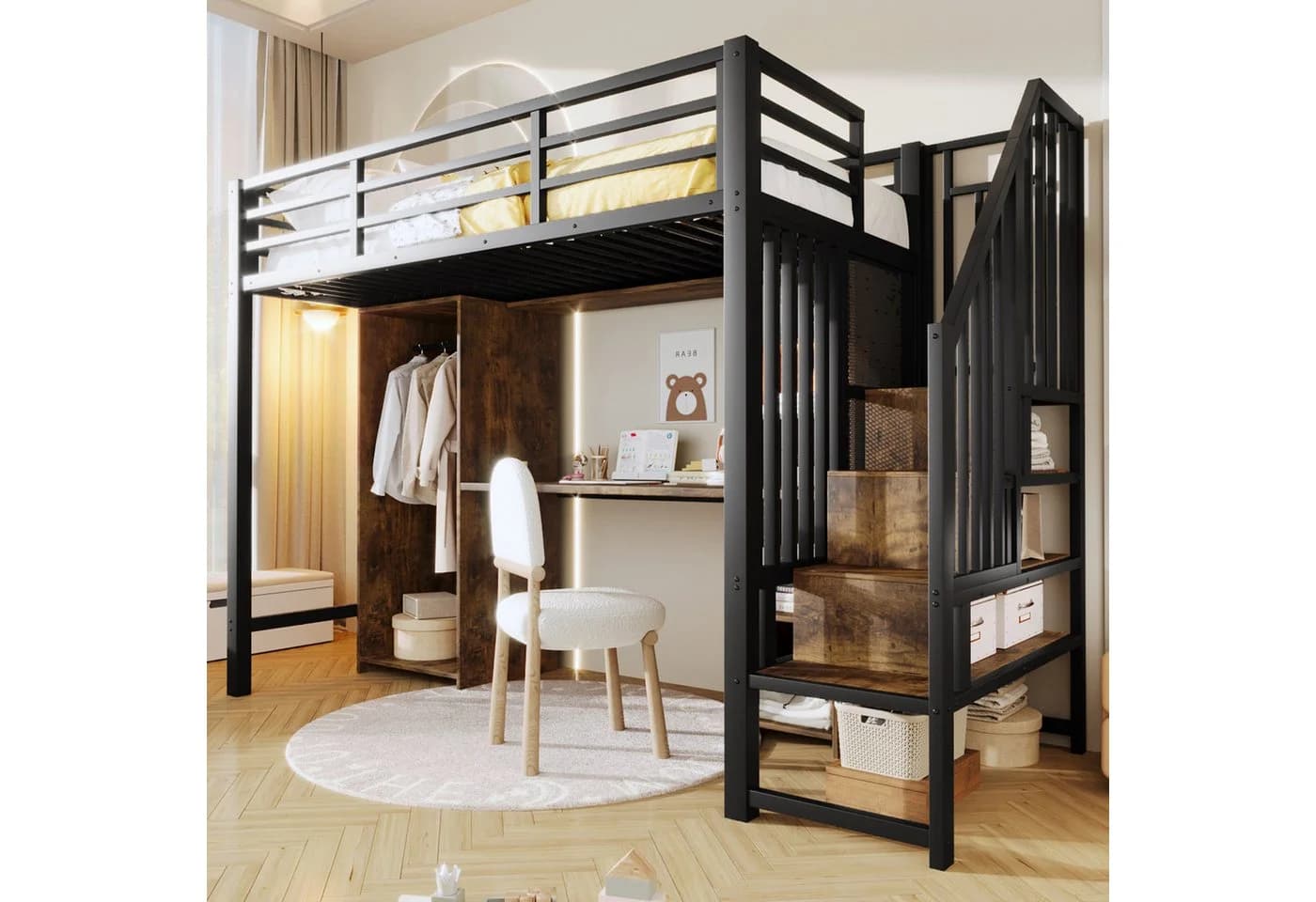Ulife Hochbett 90x200 cm mit Stauraum, Kleiderschrank & Schreibtisch Schwarz - Bild 3