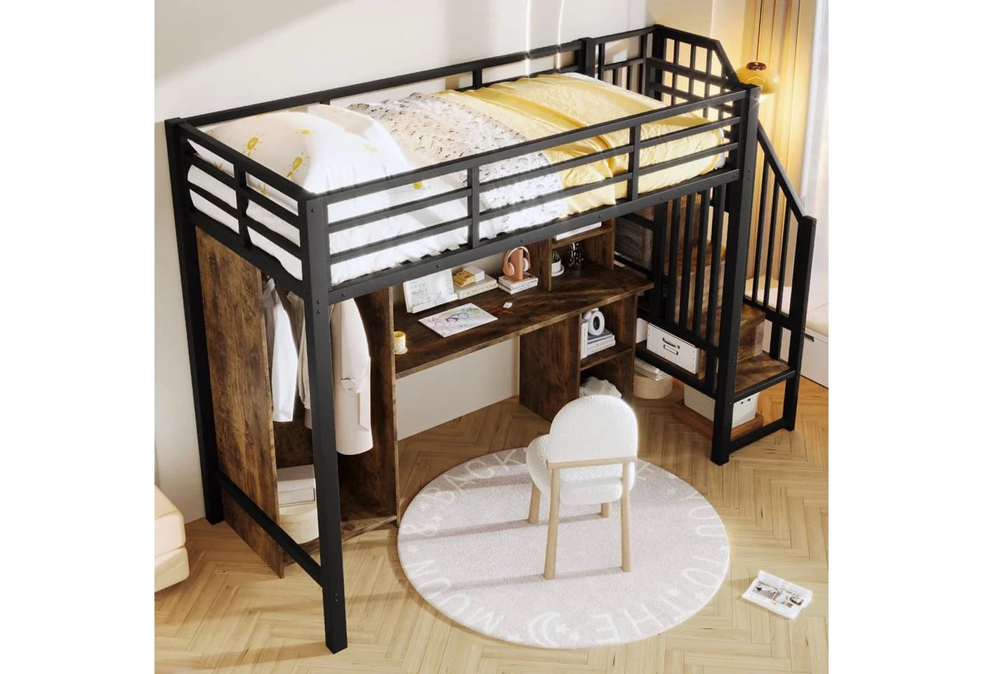 Ulife Hochbett 90x200 cm mit Stauraum, Kleiderschrank & Schreibtisch Schwarz - Bild 4