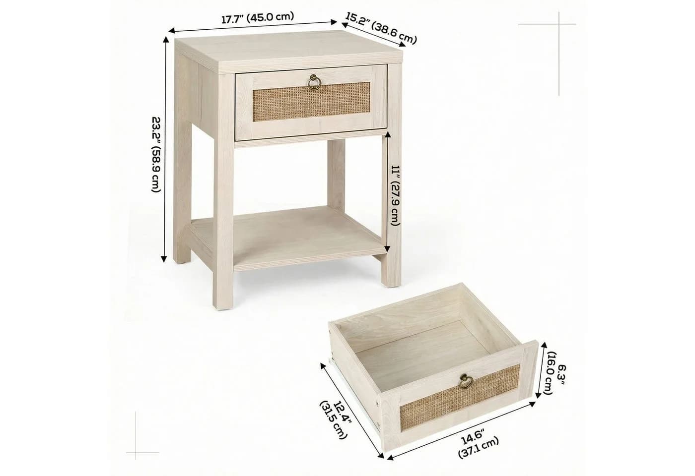 VOWNER Nachttisch Set 2er Landhausstil Rattan Schublade