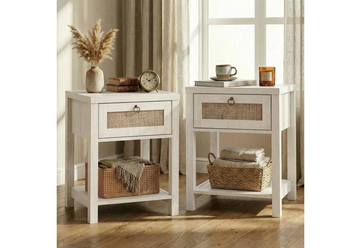 VOWNER Nachttisch Set 2er Landhausstil Rattan Schublade - Bild 2
