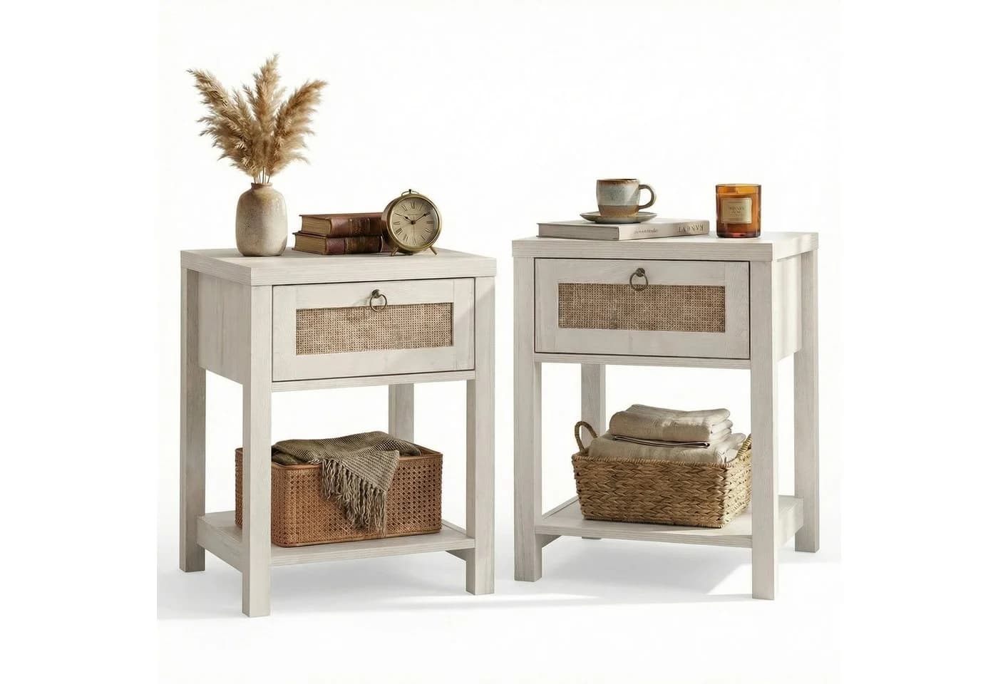 VOWNER Nachttisch Set 2er Landhausstil Rattan Schublade - Bild 3