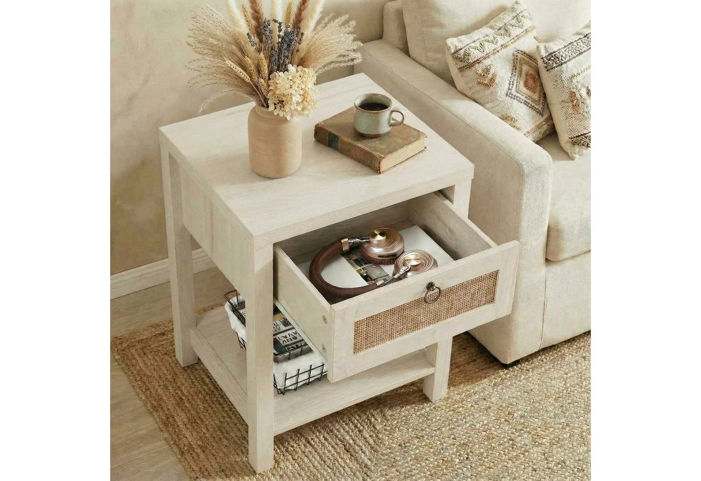 VOWNER Nachttisch Set 2er Landhausstil Rattan Schublade - Bild 5