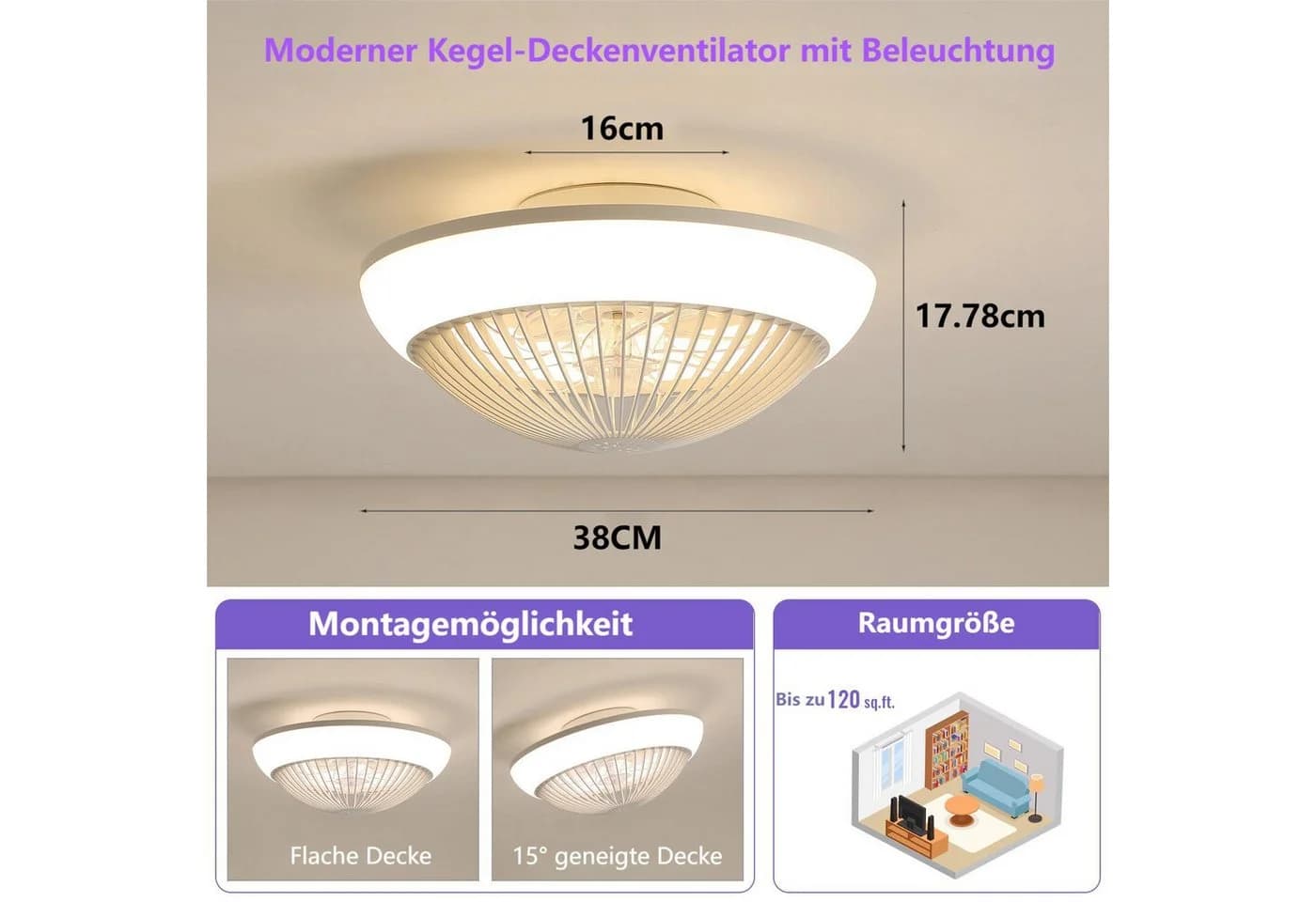 Sofucor Deckenventilator mit RGB-LED & 7 Flügeln