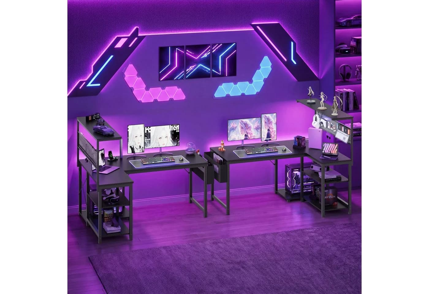 YOUDENOVA Gamingtisch L-Form Schwarz mit LED & Steckdose - Bild 2