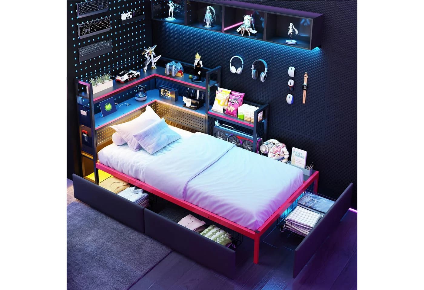 Ulife Bettgestell Gaming Style Schwarz mit LED, USB & 3 Schubladen - Bild 2