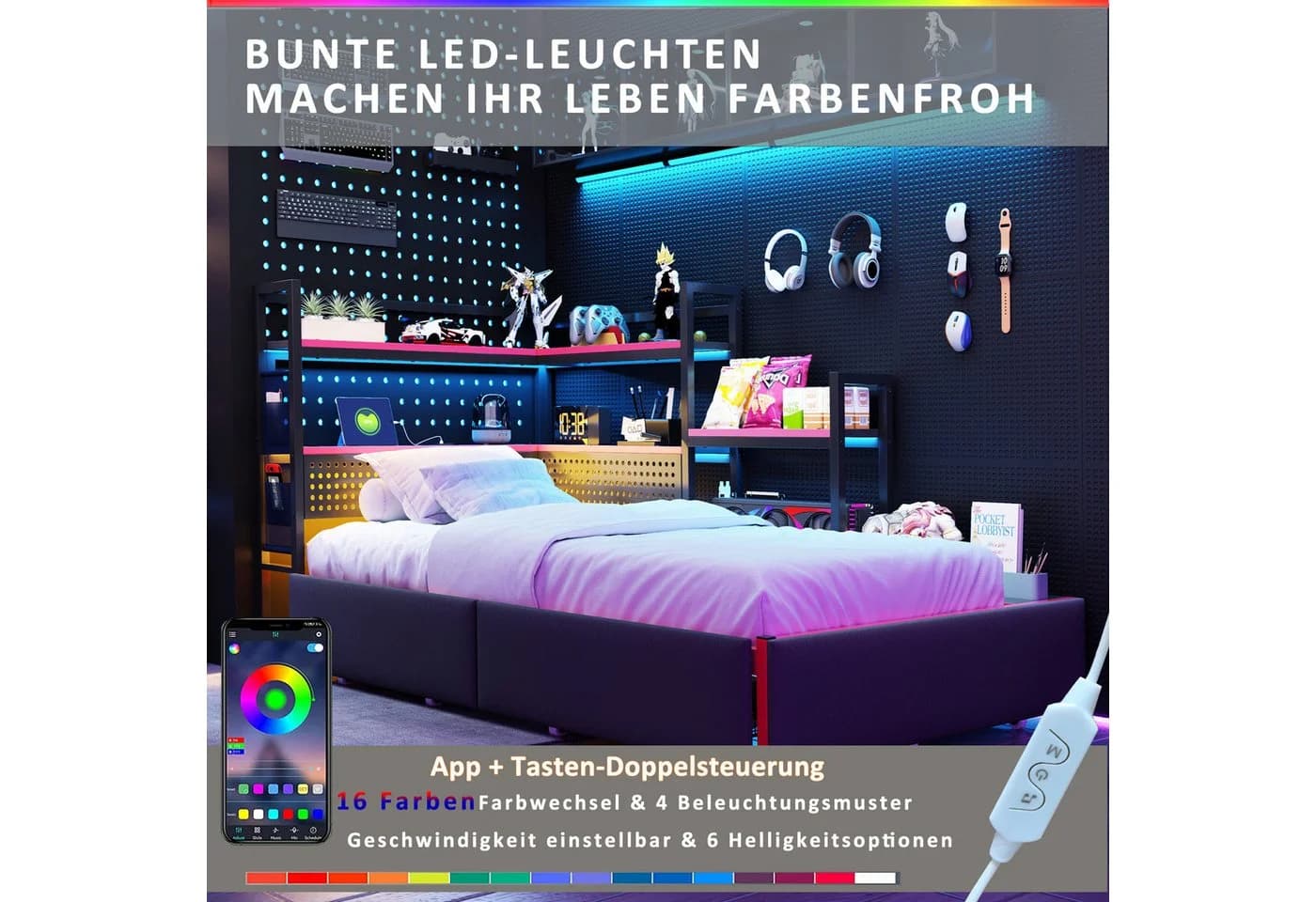 Ulife Bettgestell Gaming Style Schwarz mit LED, USB & 3 Schubladen - Bild 5