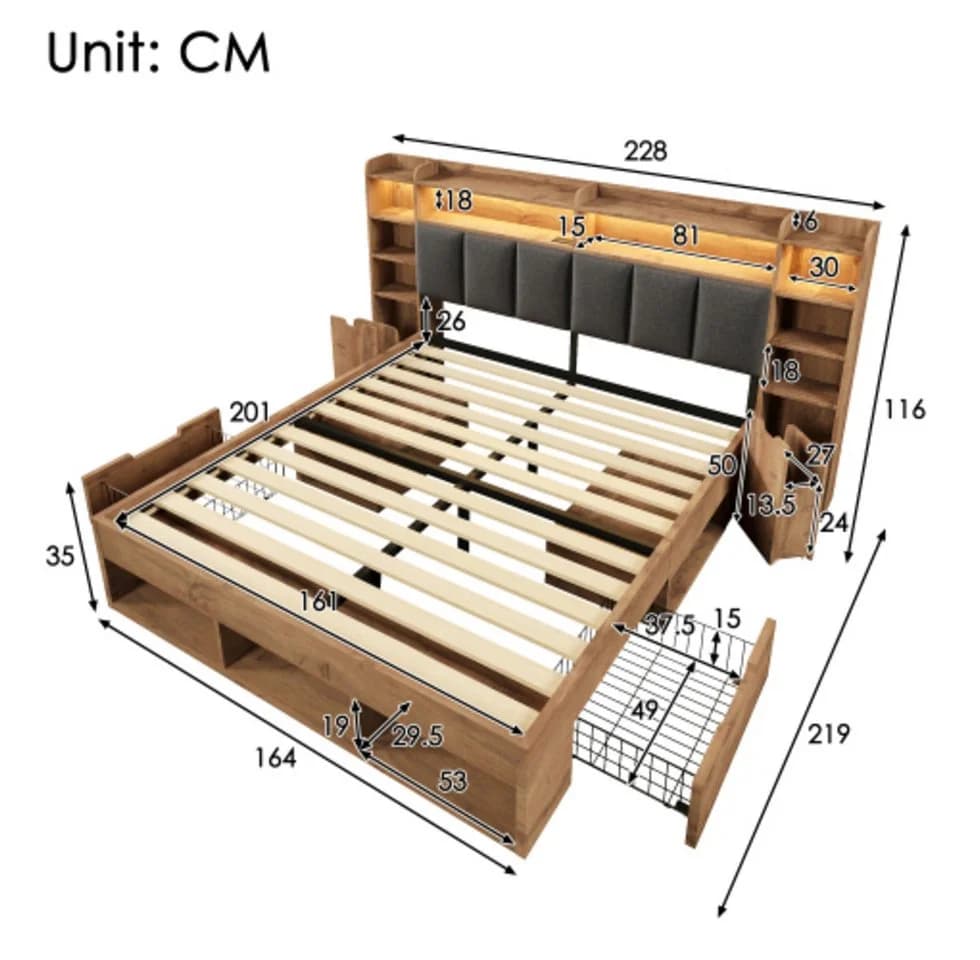 Ulife Stauraumbett Doppelbett mit LED, USB & Schubladen Grau