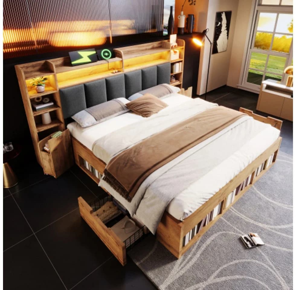 Ulife Stauraumbett Doppelbett mit LED, USB & Schubladen Grau - Bild 2