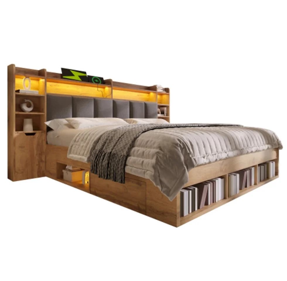 Ulife Stauraumbett Doppelbett mit LED, USB & Schubladen Grau - Bild 4