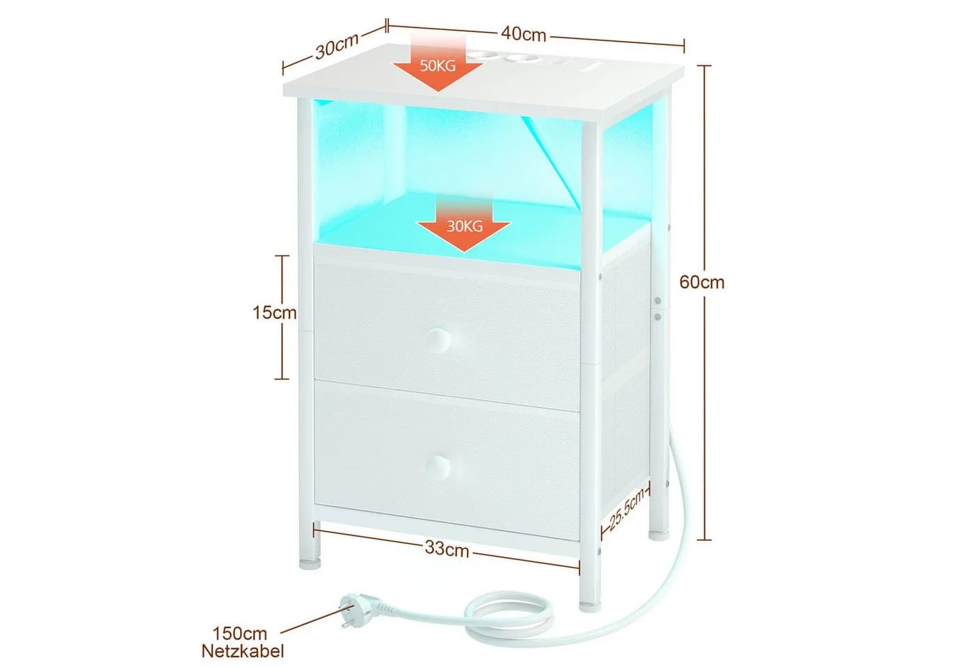 AMHANCIBLE Nachttisch 2er-Set mit Ladestation & LED-Beleuchtung