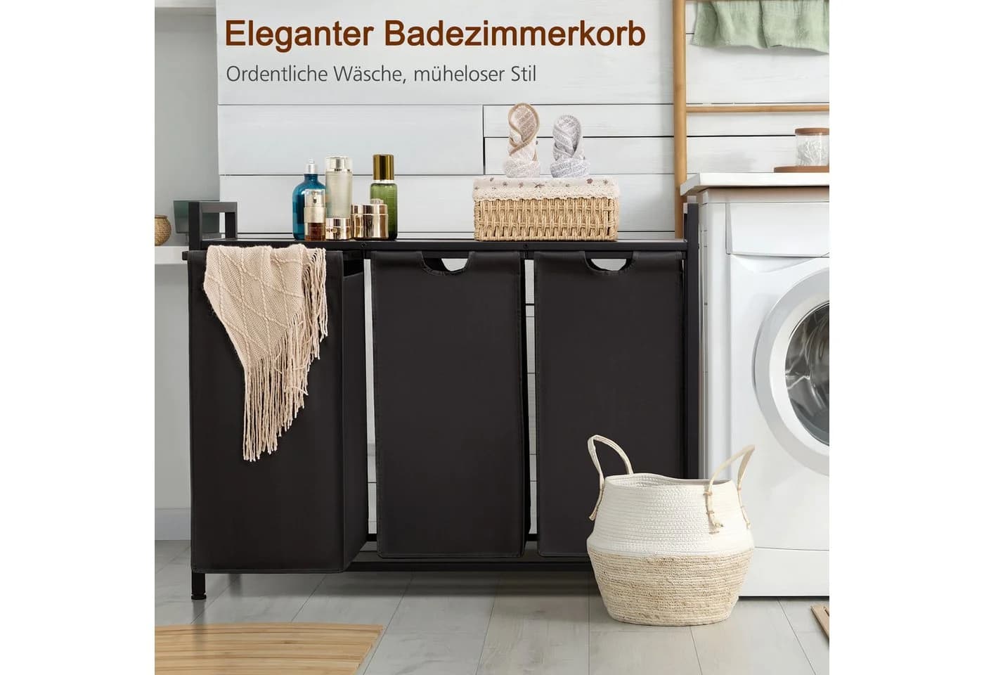 AMHANCIBLE Wäschekorb 3-Fach Braun Grau Holzwerkstoff Metall - Bild 5