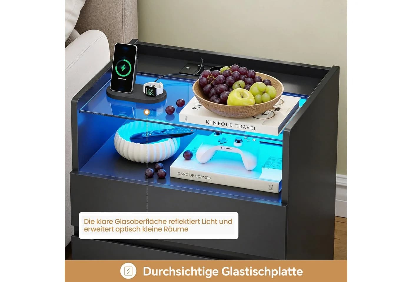MSMASK Nachttisch mit LED-Beleuchtung und Steckdosen, 3 Schubladen, Schwarz - Bild 5