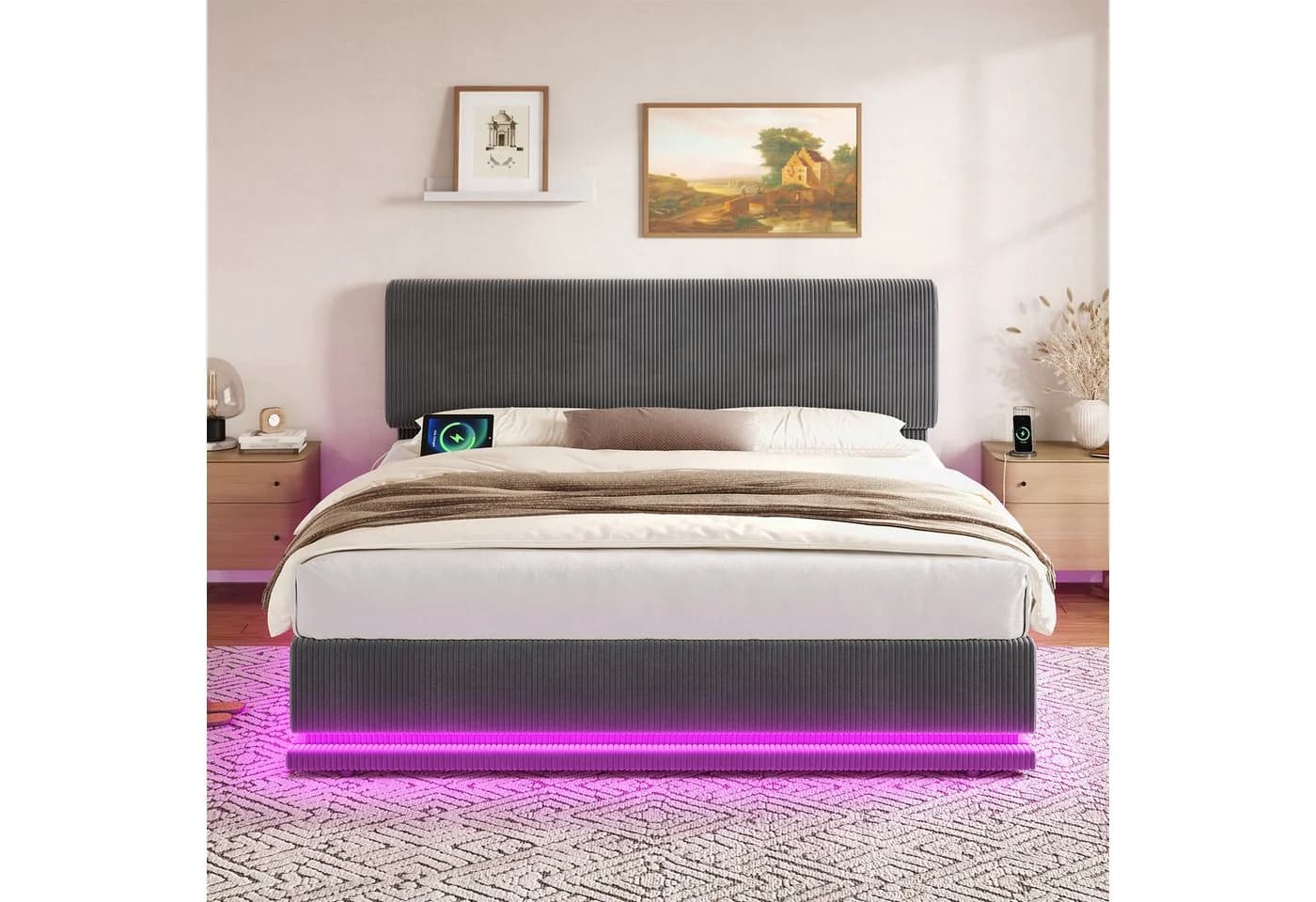 TavilaEcon Boxspringbett Grau mit LED-Beleuchtung und USB-C