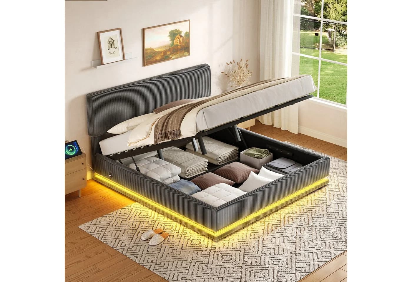 TavilaEcon Boxspringbett Grau mit LED-Beleuchtung und USB-C - Bild 2
