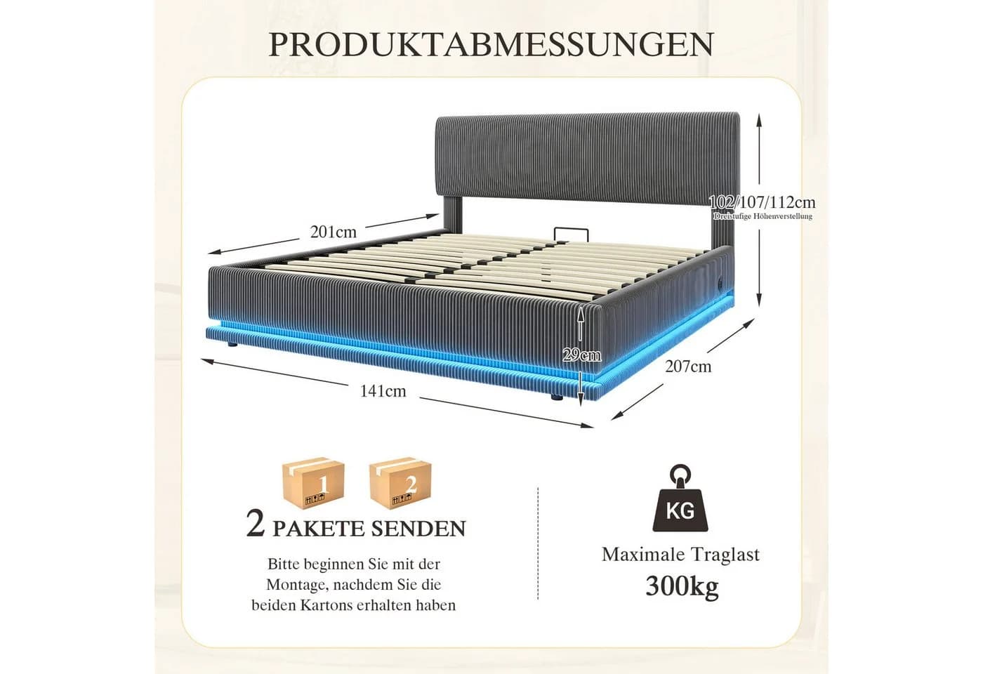 TavilaEcon Boxspringbett Grau mit LED-Beleuchtung und USB-C - Bild 4