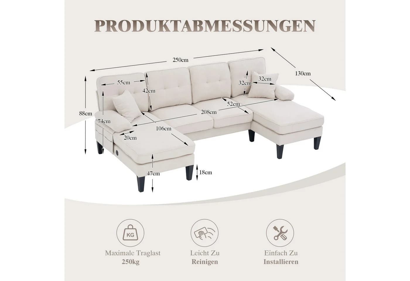 TavilaEcon Ecksofa 4-Sitzer Beige Leinenstoff U-Form - Bild 4
