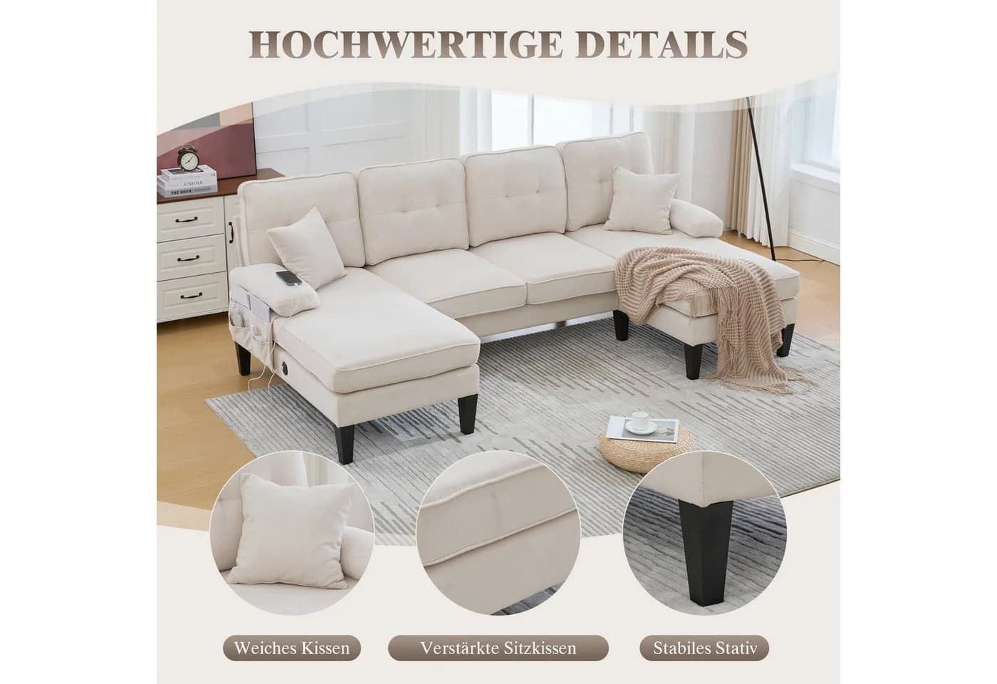 TavilaEcon Ecksofa 4-Sitzer Beige Leinenstoff U-Form - Bild 5