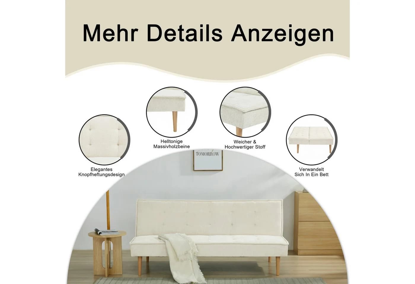 SteeLong Schlafsofa 3-Sitzer Grau Skandinavisches Design mit Kiefernholzrahmen - Bild 5