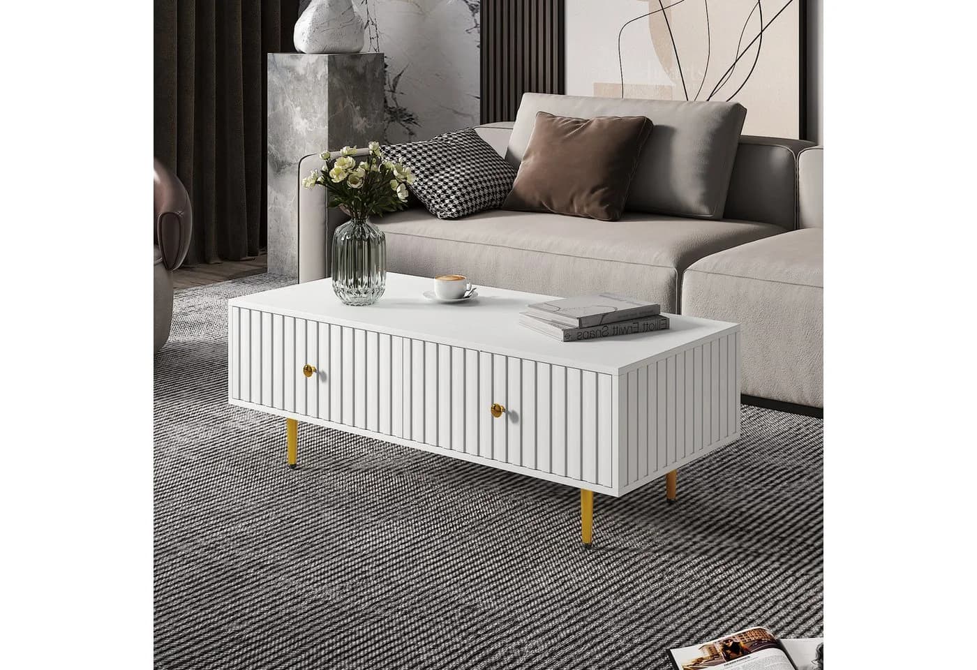 radelldar Couchtisch Weiß/Gold mit 2 Schubladen und Metallfüßen - Bild 2