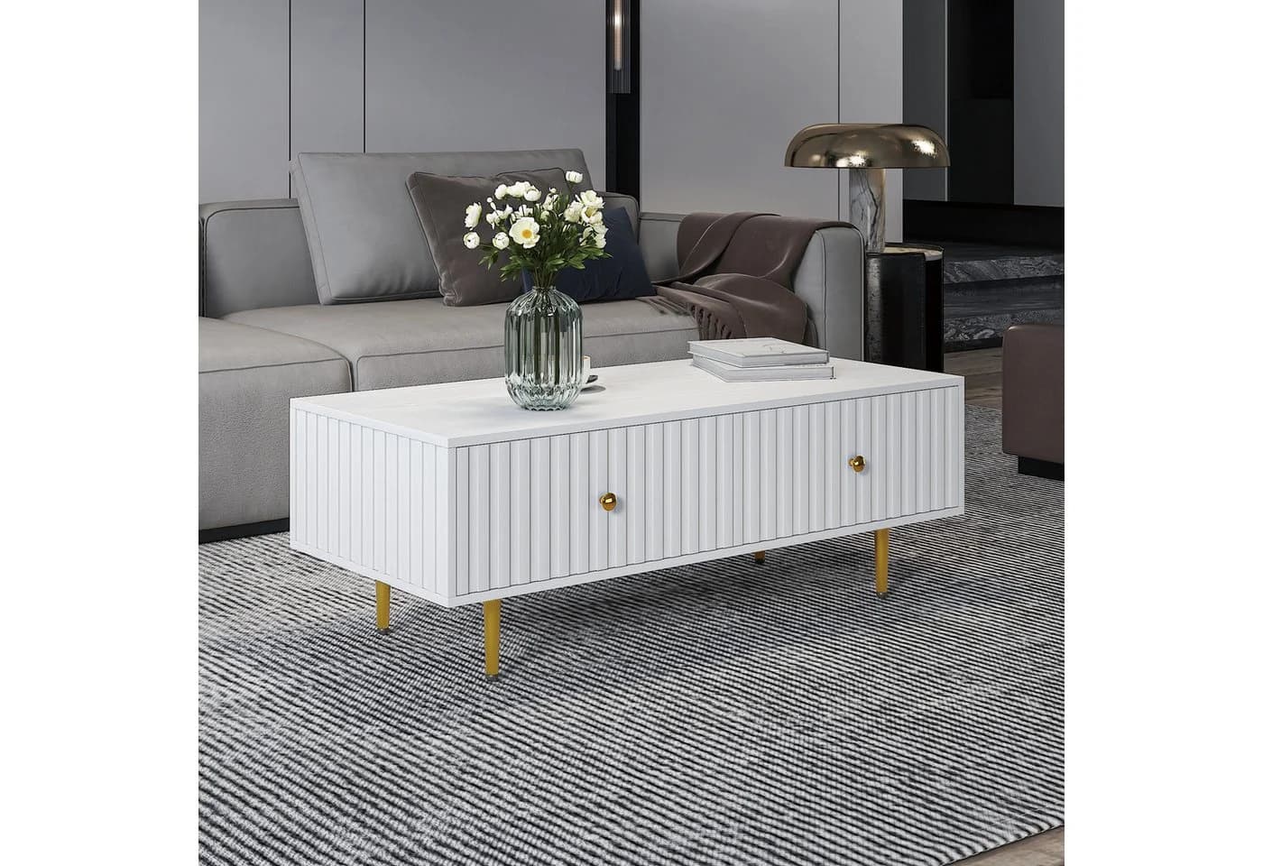 radelldar Couchtisch Weiß/Gold mit 2 Schubladen und Metallfüßen - Bild 3