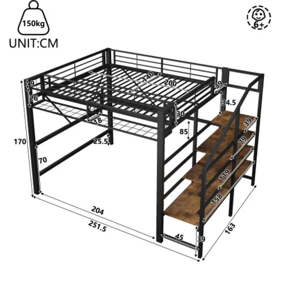 Ulife Hochbett Metallbett mit LED, Ablage & Stauraum Schwarz/Weiß