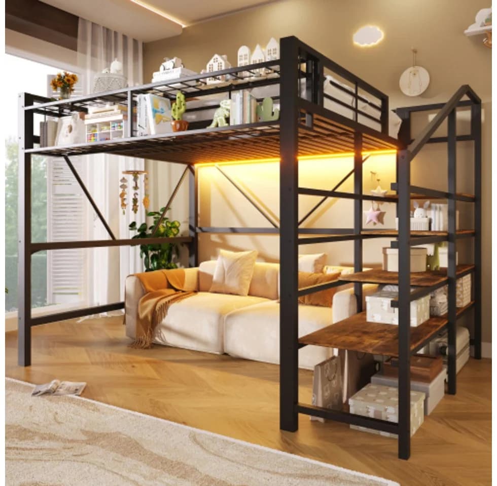 Ulife Hochbett Metallbett mit LED, Ablage & Stauraum Schwarz/Weiß - Bild 2