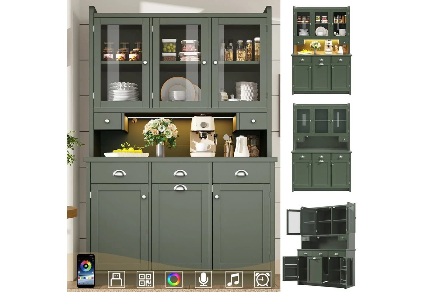 TavilaEcon Küchenbuffet Grün mit LED-Beleuchtung & Glastüren - Bild 3