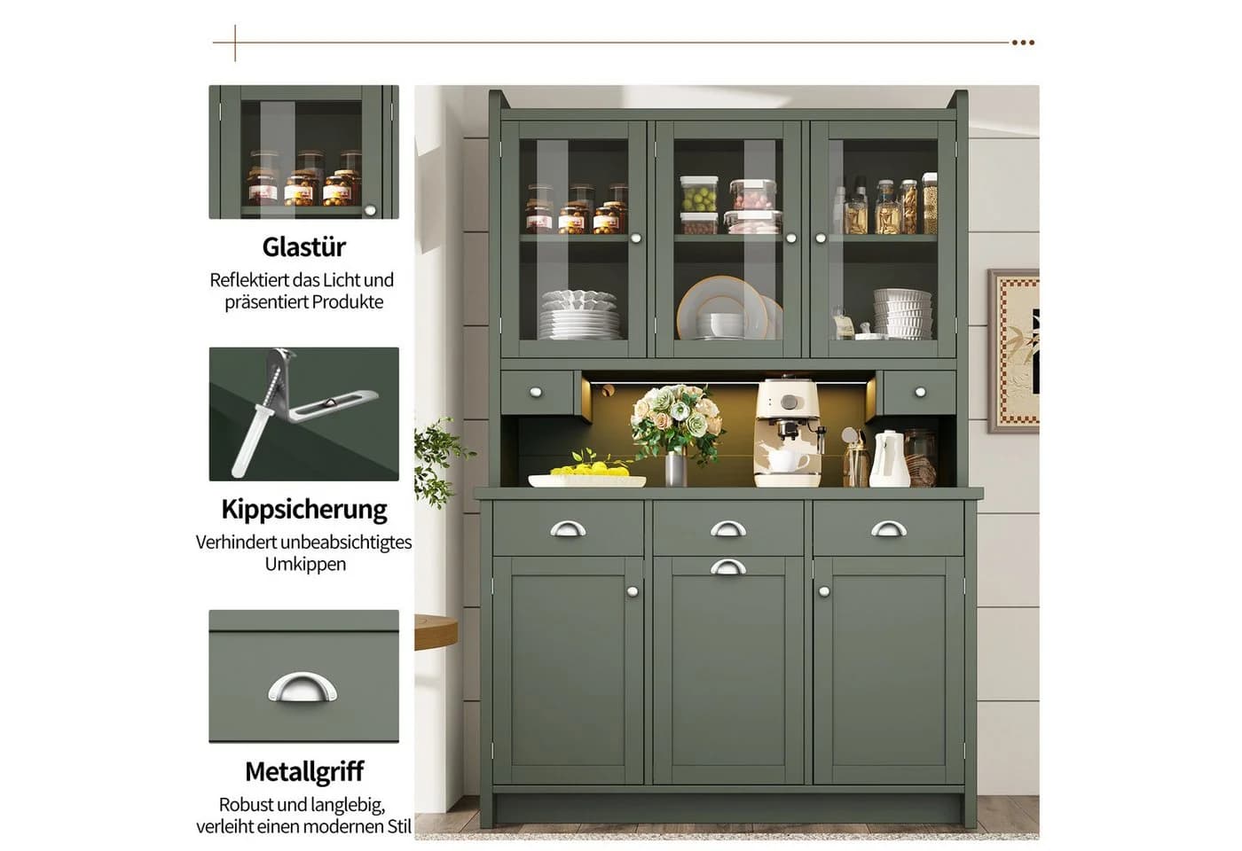 TavilaEcon Küchenbuffet Grün mit LED-Beleuchtung & Glastüren - Bild 5