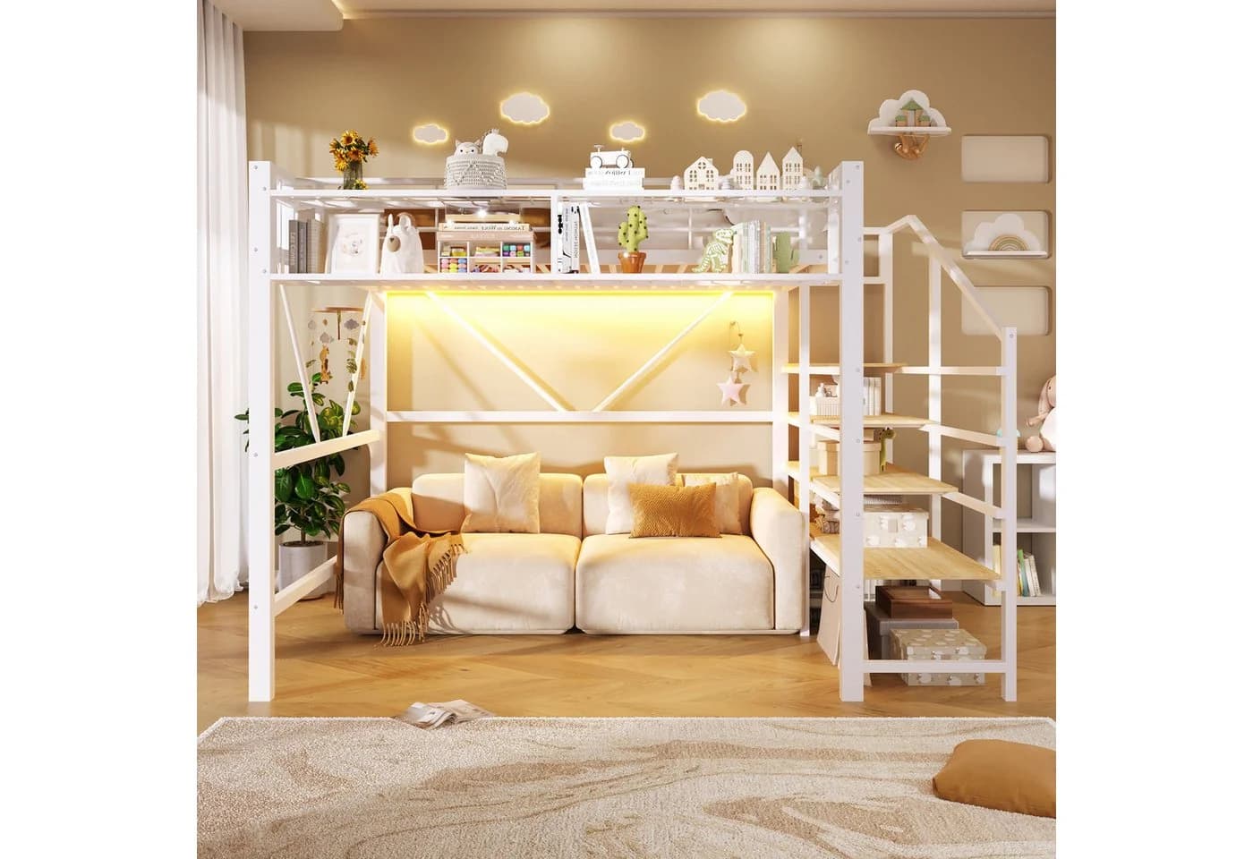 TavilaEcon Hochbett Metallbett weiß mit LED-Lichtleiste und Stufen-Ablageregal