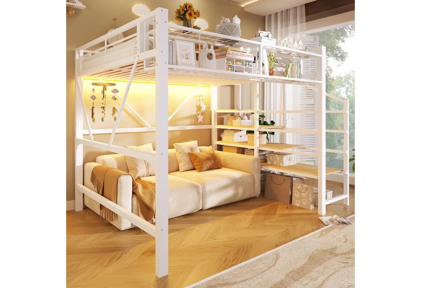 TavilaEcon Hochbett Metallbett weiß mit LED-Lichtleiste und Stufen-Ablageregal - Bild 3