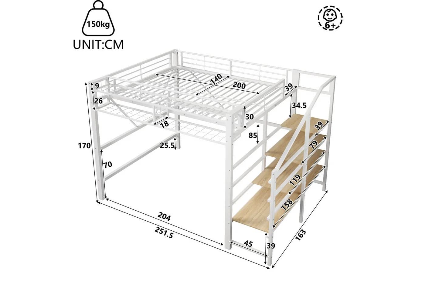 TavilaEcon Hochbett Metallbett weiß mit LED-Lichtleiste und Stufen-Ablageregal - Bild 4