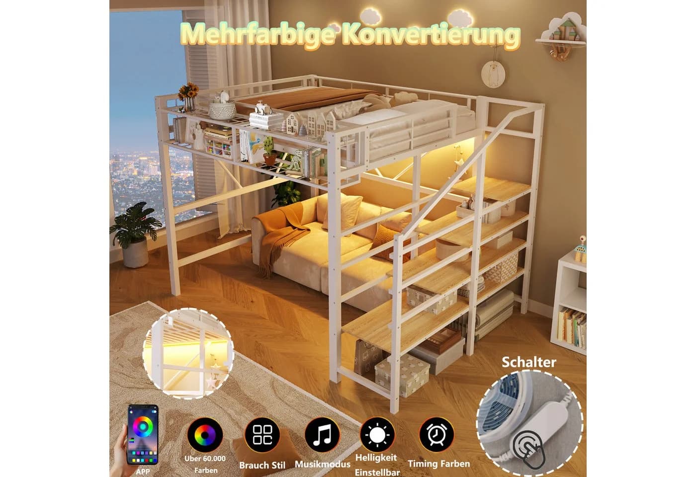 TavilaEcon Hochbett Metallbett weiß mit LED-Lichtleiste und Stufen-Ablageregal - Bild 5