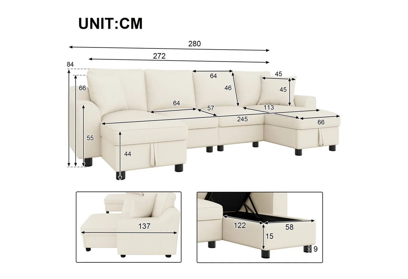 Ulife Ecksofa U-Form Beige Grau Chenille Stauraum