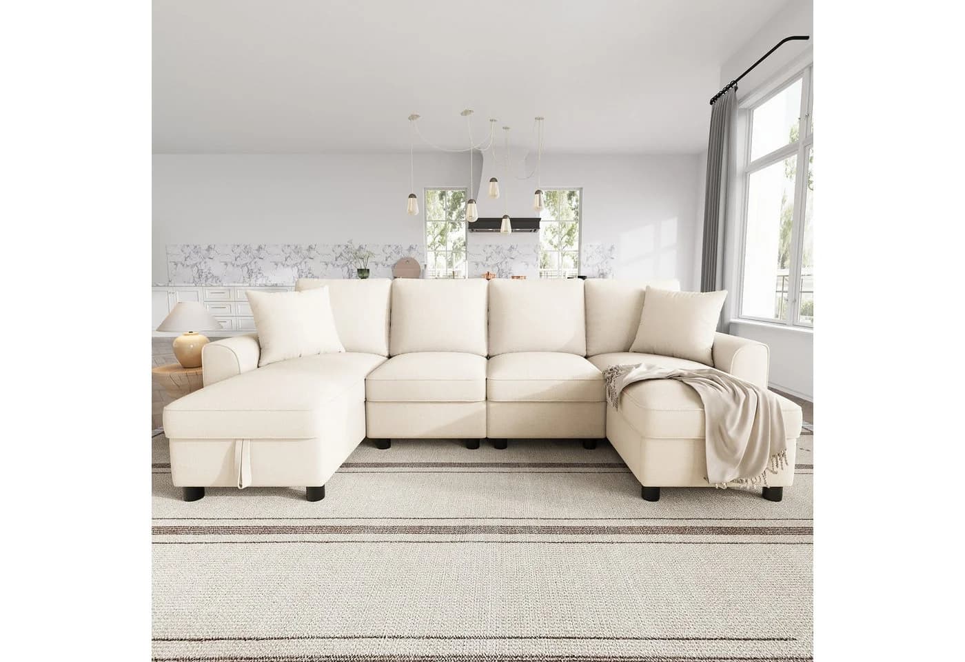 Ulife Ecksofa U-Form Beige Grau Chenille Stauraum - Bild 2