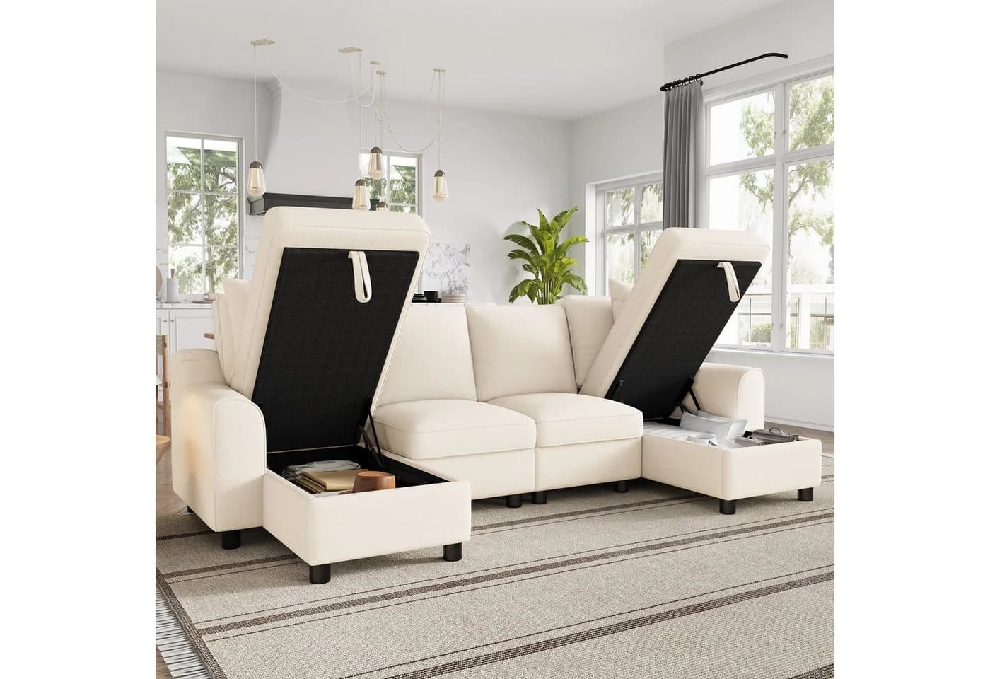 Ulife Ecksofa U-Form Beige Grau Chenille Stauraum - Bild 4