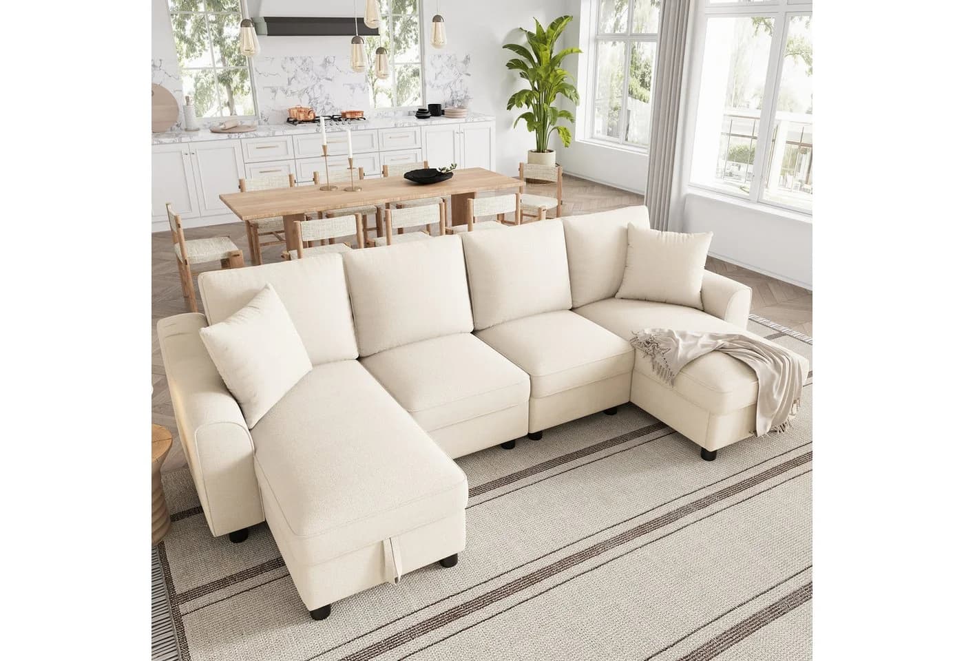 Ulife Ecksofa U-Form Beige Grau Chenille Stauraum - Bild 5