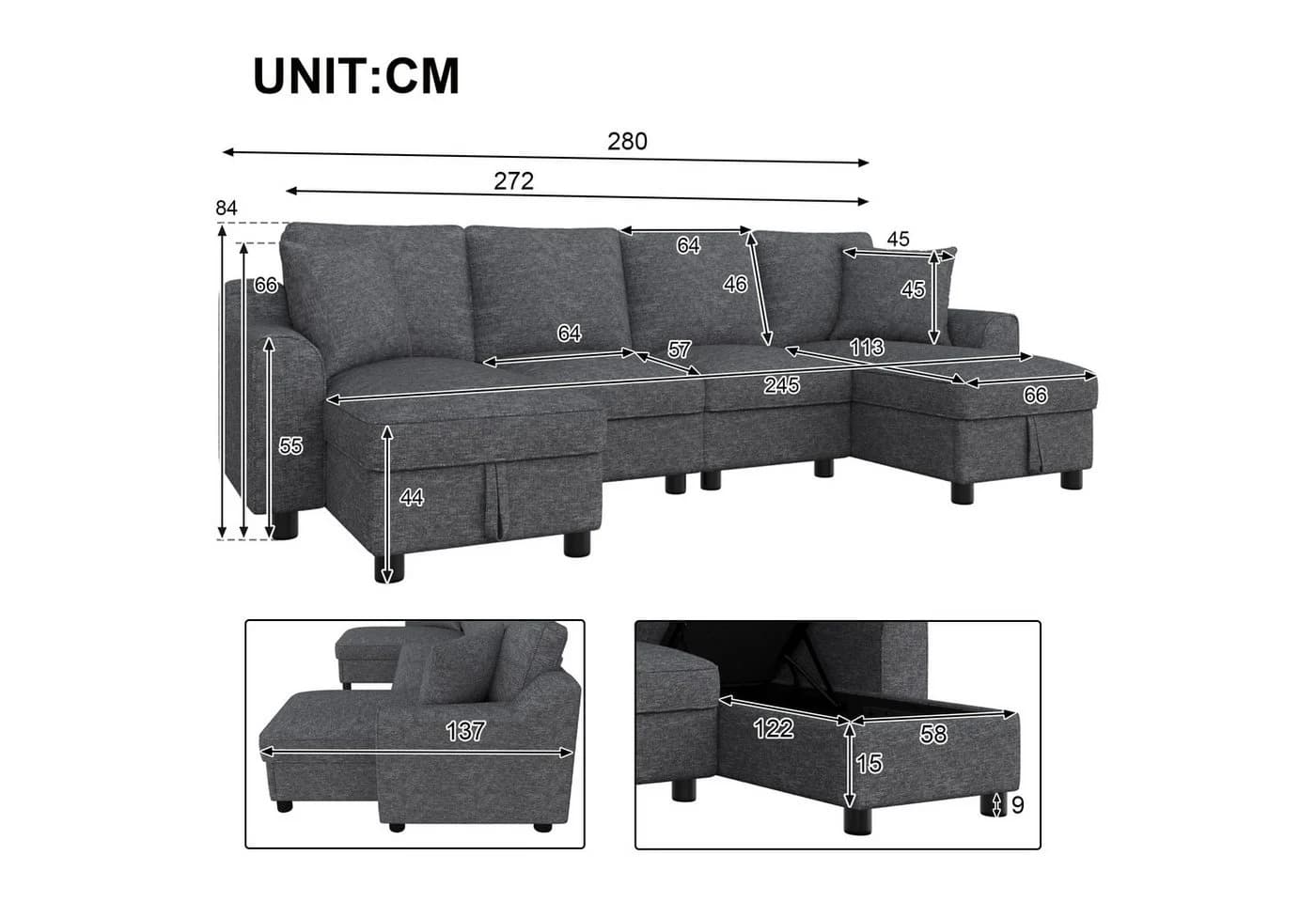 Ulife Ecksofa U-Form Beige Grau Chenille Stauraum
