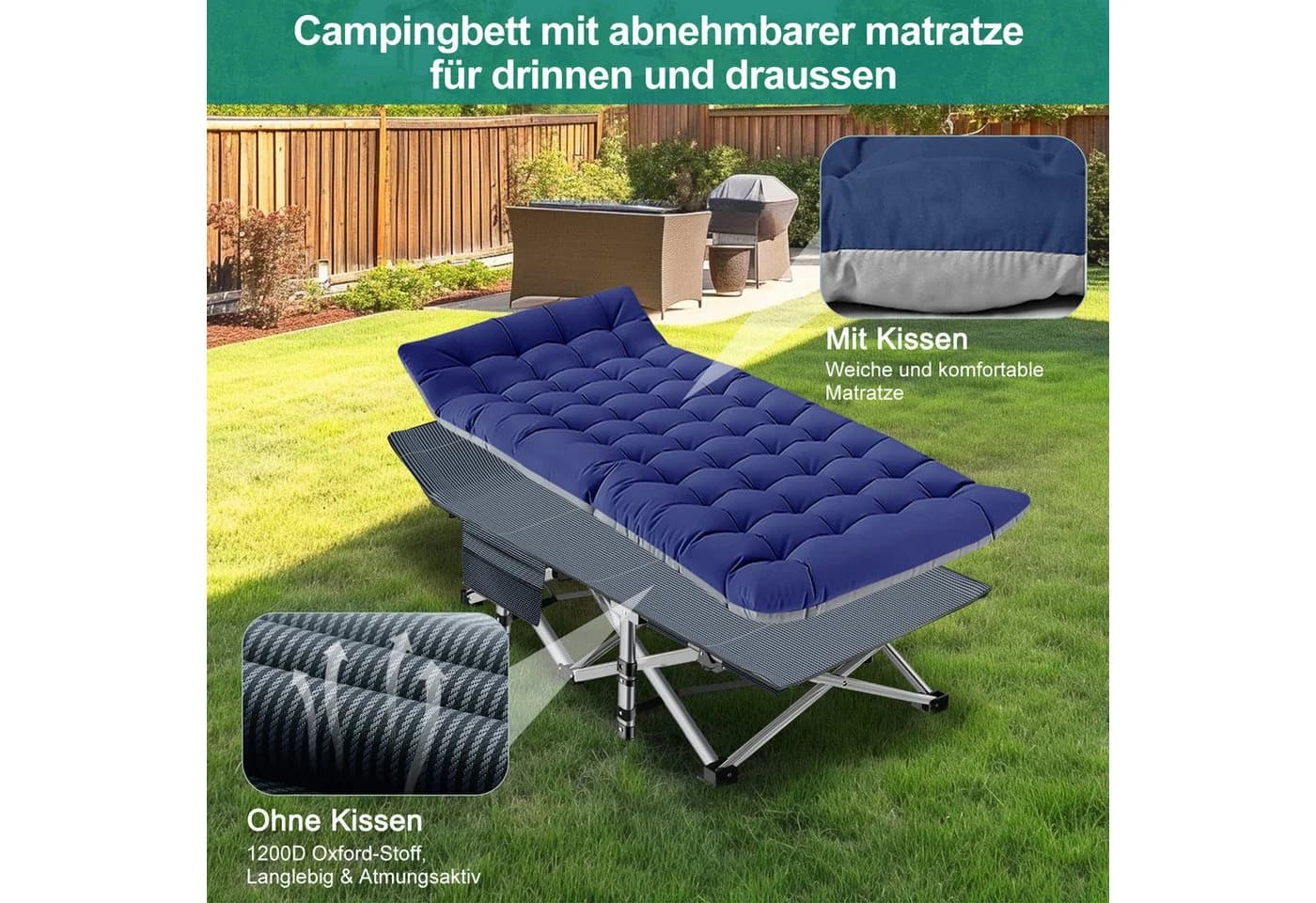 Meulbaty Klappbett Campingbett mit Matratze & Seitentasche Blau - Bild 5