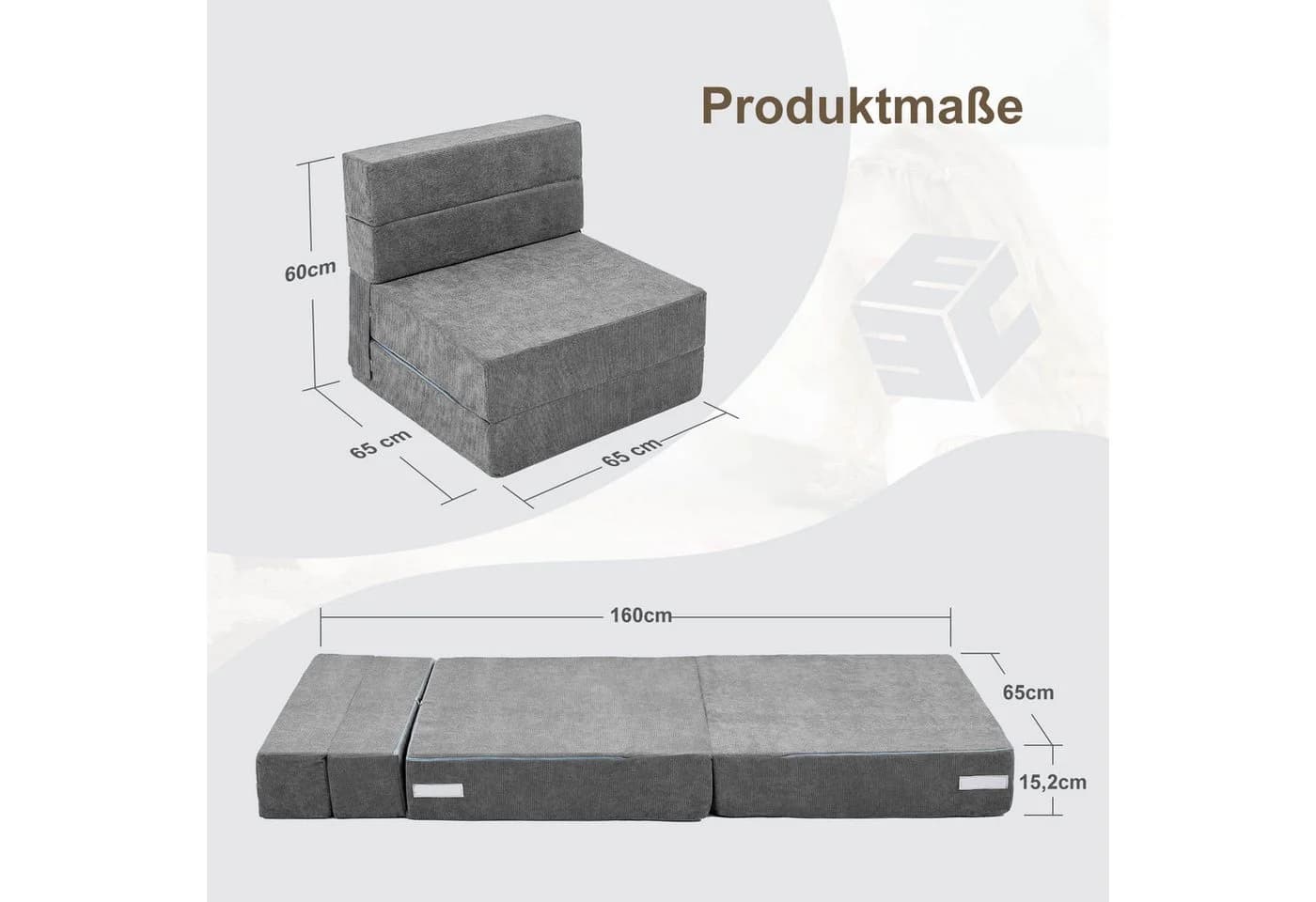 Meulbaty Klappmatratze 15,2 cm Grau Cord Dreifach Klappbar