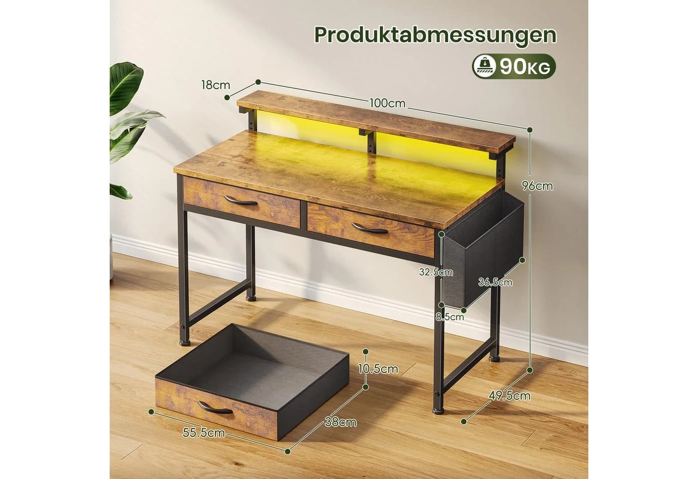 Klyvvo Gaming Schreibtisch mit LED, Schubladen & Monitorständer Schwarz/Braun - Bild 3
