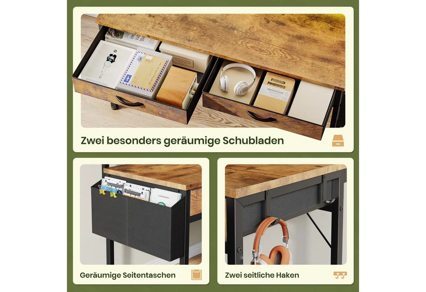 Klyvvo Gaming Schreibtisch mit LED, Schubladen & Monitorständer Schwarz/Braun - Bild 4